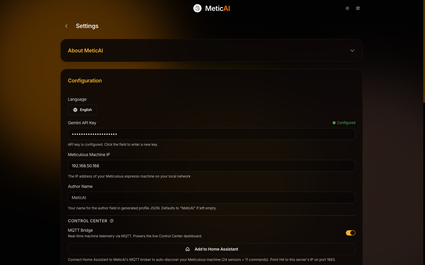 MeticAI Settings &mdash; Desktop
