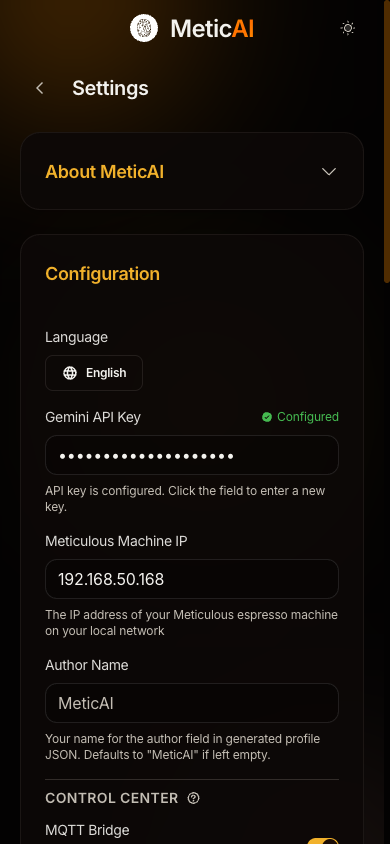 MeticAI Settings &mdash; Mobile